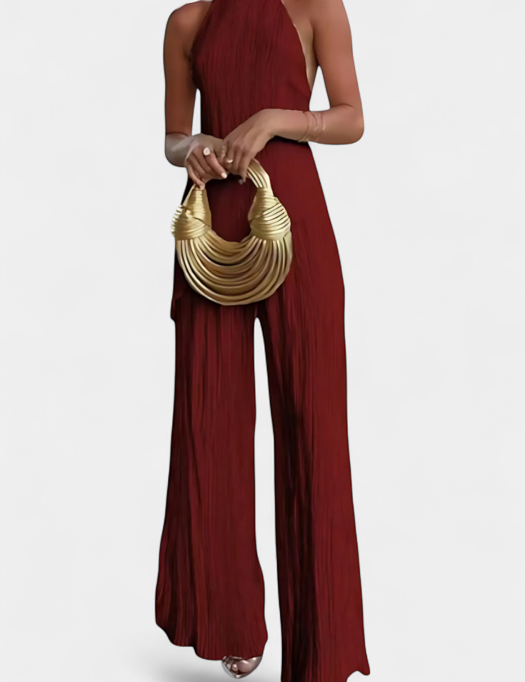 Pilarica Conjunto Plisado con Top Asimétrico Halter y Pantalón Fluido