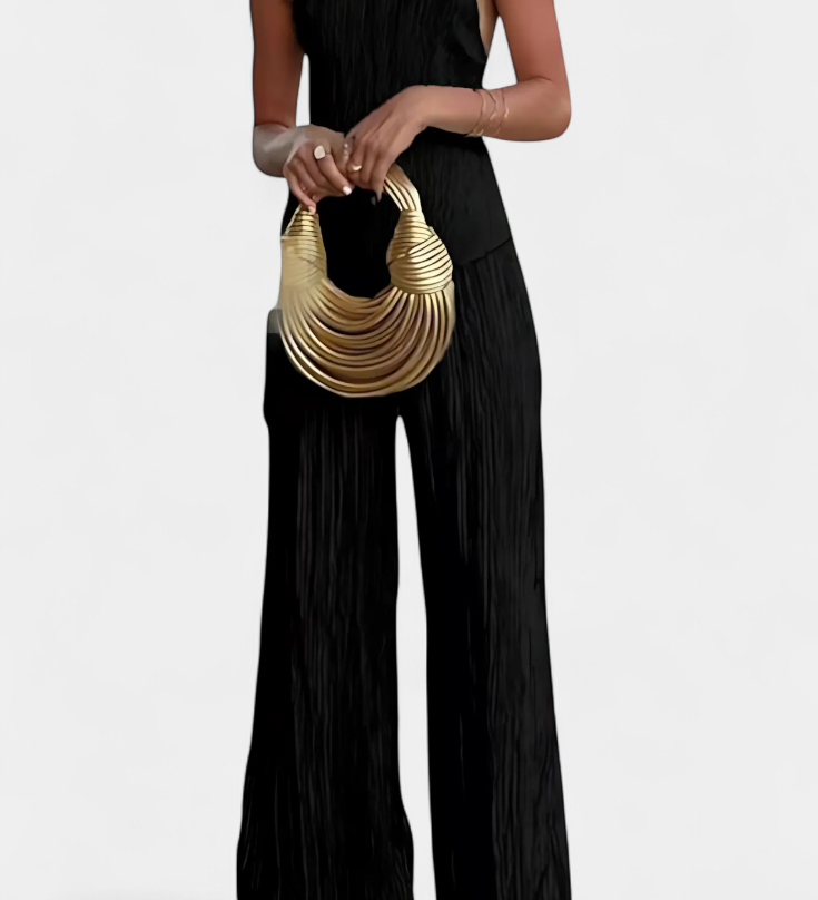 Pilarica Pleated Set with Asymmetric Halter Top and Flowy Trousers