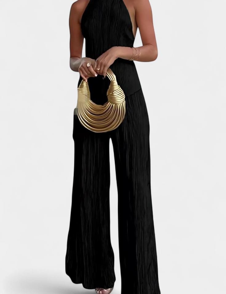 Pilarica Conjunto Plisado con Top Asimétrico Halter y Pantalón Fluido