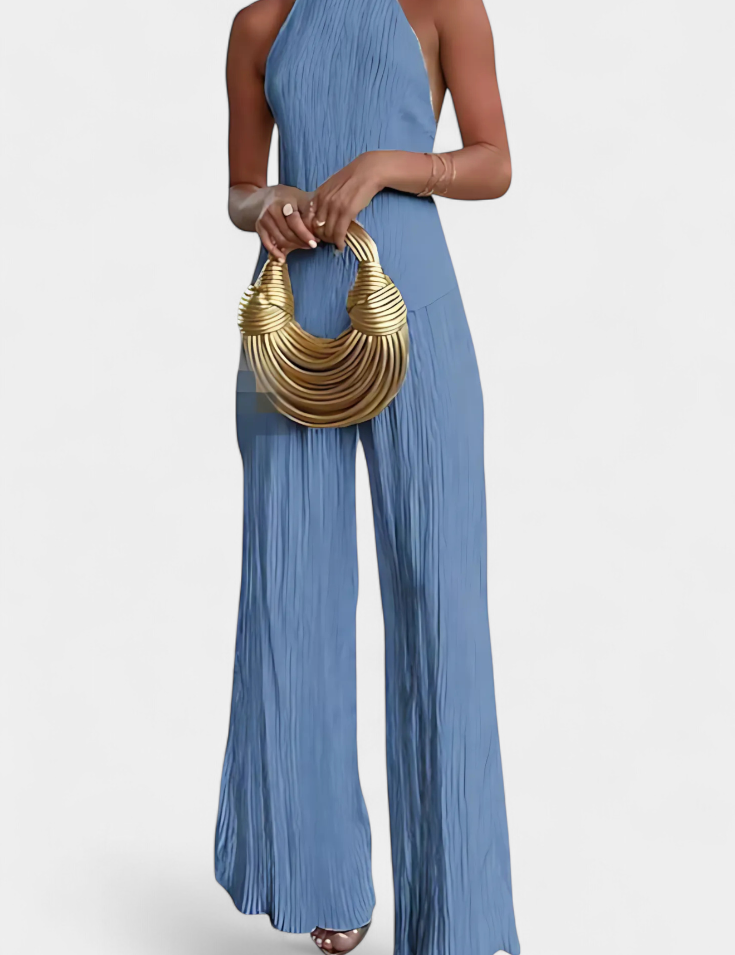 Pilarica Conjunto Plisado con Top Asimétrico Halter y Pantalón Fluido