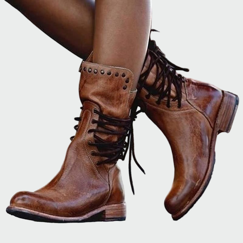 Ana - Botines de piel gris con cordones y tacón pulidoMarta