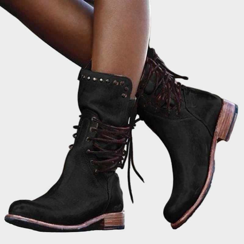 Ana - Botines de piel gris con cordones y tacón pulidoMarta