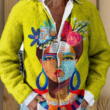 Cardigan de Botones Impreso de Arte de Retrato