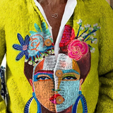 Cardigan de Botones Impreso de Arte de Retrato
