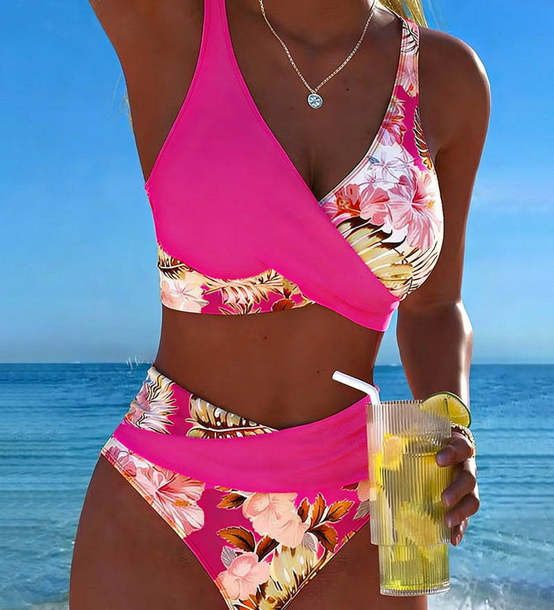 Bikini con estampado floral a contraste y abertura