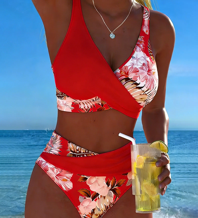 Bikini con estampado floral a contraste y abertura