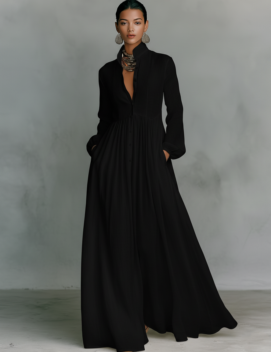Vestido Maxi de Lino Patchwork con Cuello Alto