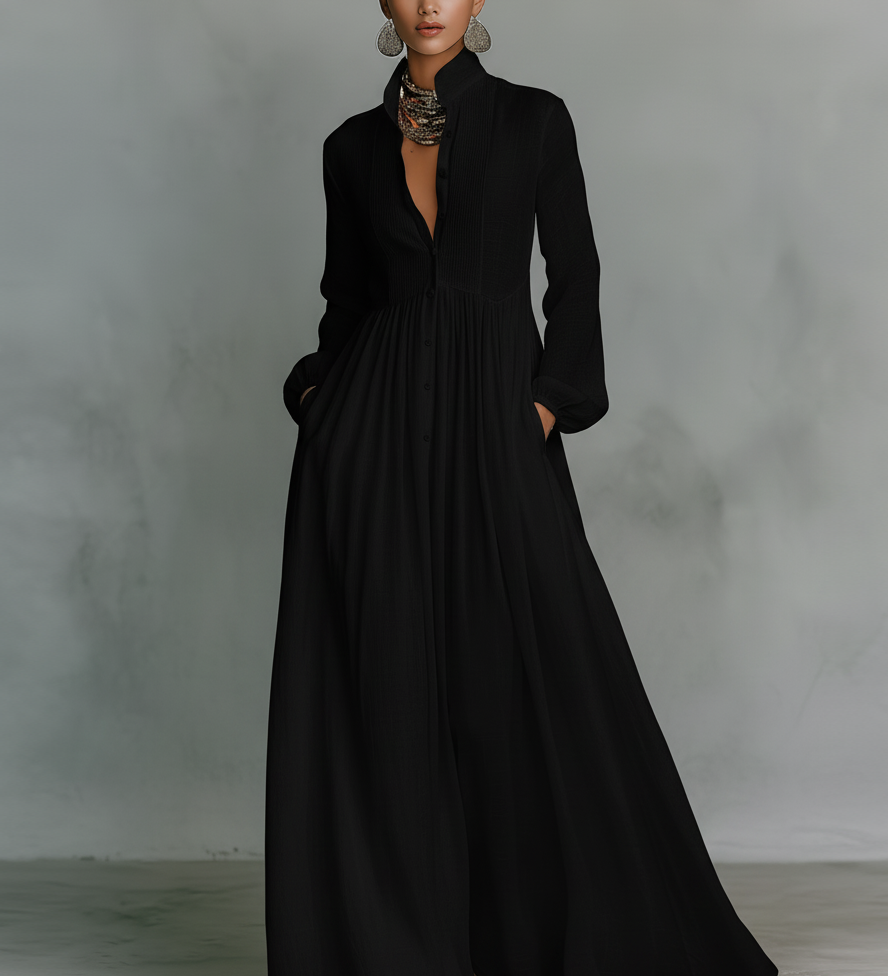Vestido Maxi de Lino Patchwork con Cuello Alto