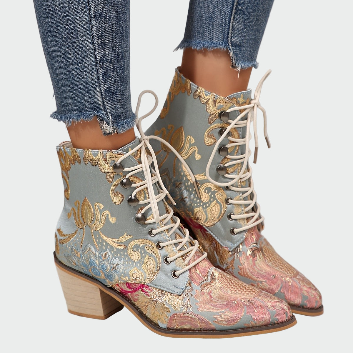Sandra - Elegant Radiant Floral Leather Ankle Boots