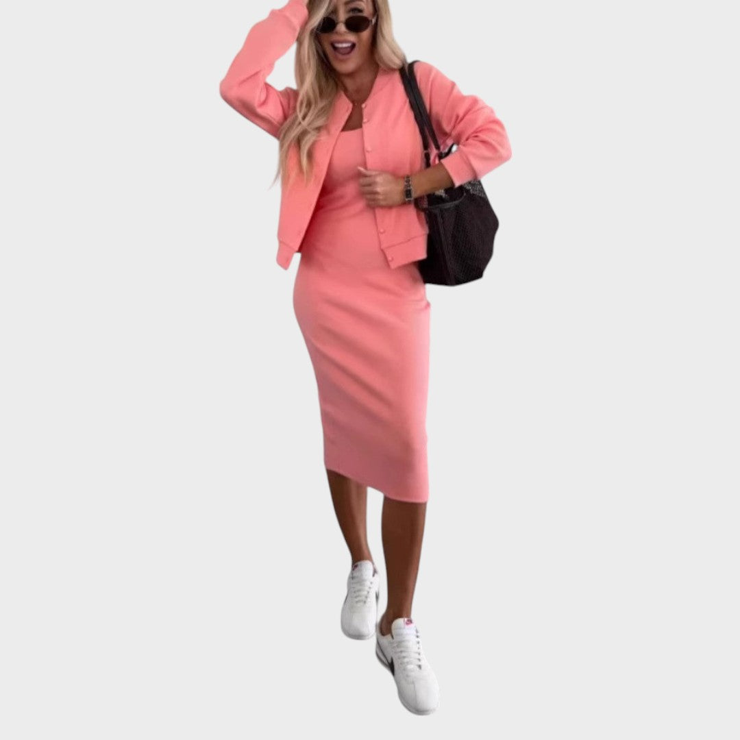 Karin | Ribbed Midi Dress And Bomber Jacket Set