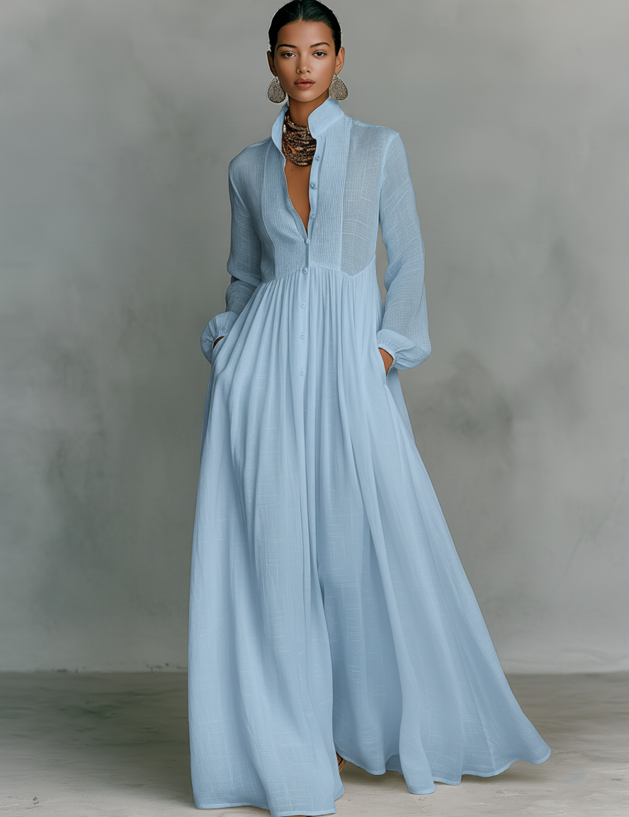 Vestido Maxi de Lino Patchwork con Cuello Alto