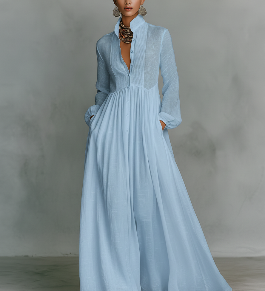 Vestido Maxi de Lino Patchwork con Cuello Alto