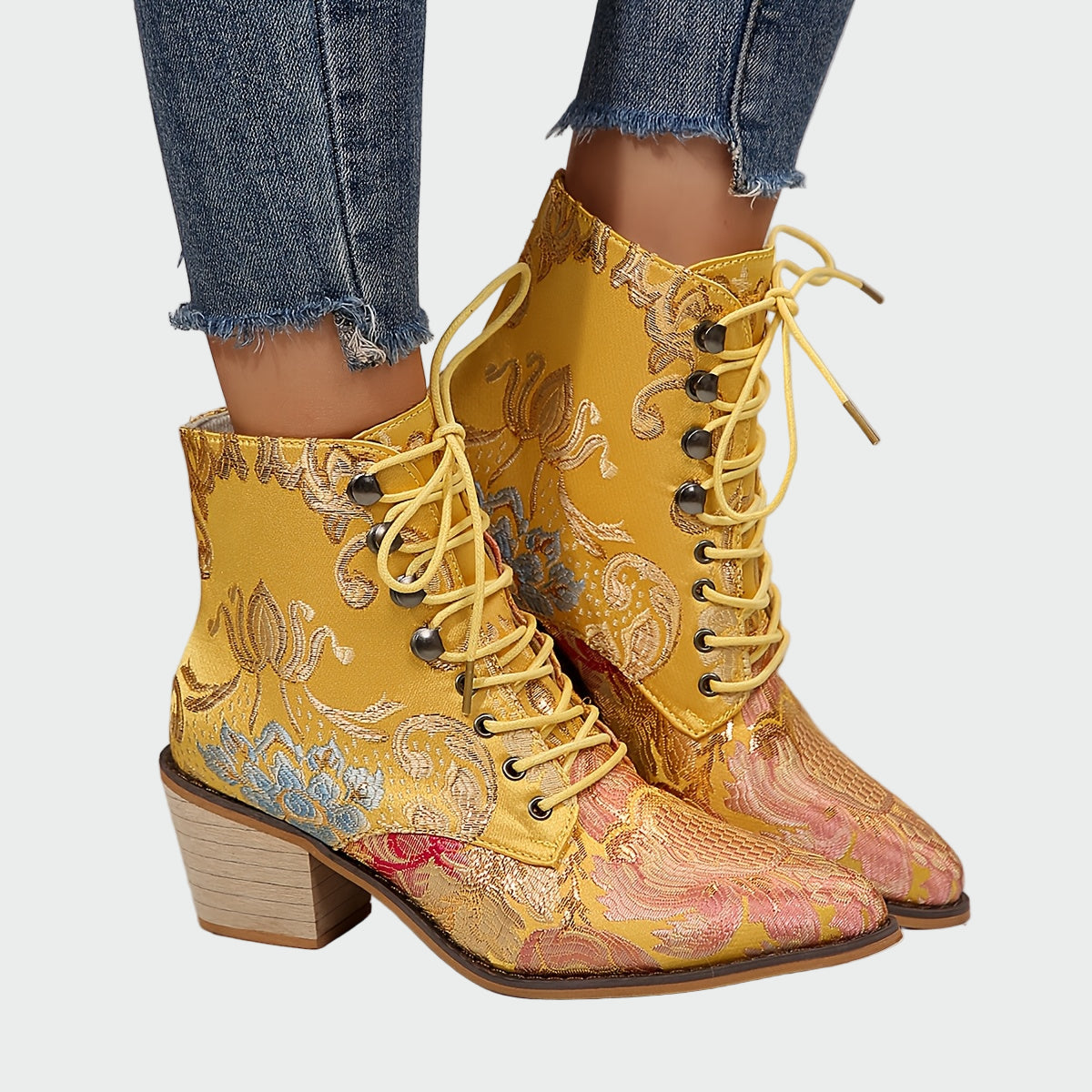 Sandra - Elegant Radiant Floral Leather Ankle Boots