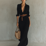 Maxivestido con cuello de solapa y manga larga