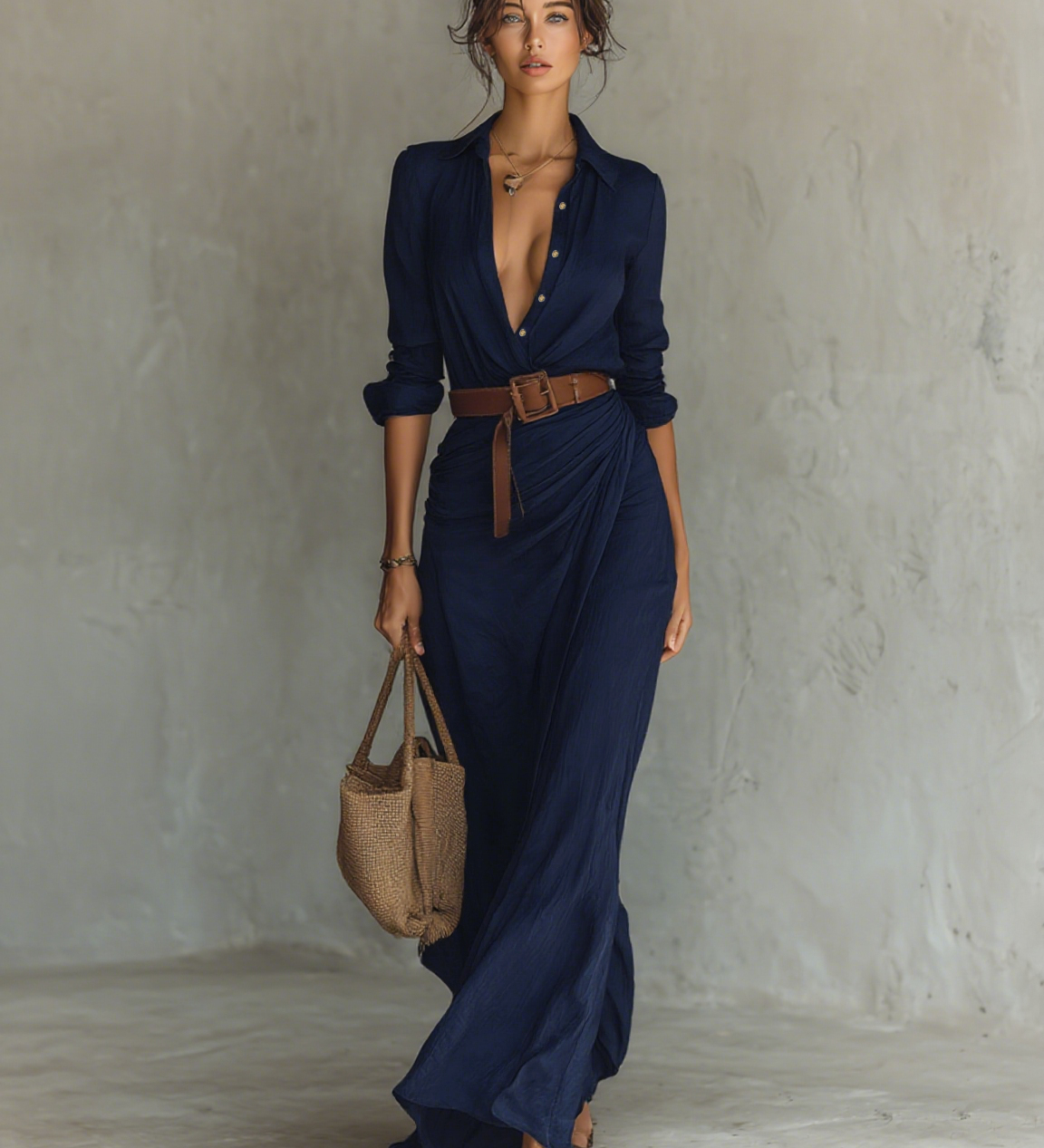 Maxivestido con cuello de solapa y manga larga