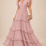 Rosalía | Vestido Maxi Rosa Empolvado con Escote en V, Volantes Escalonados y Mangas Mariposa