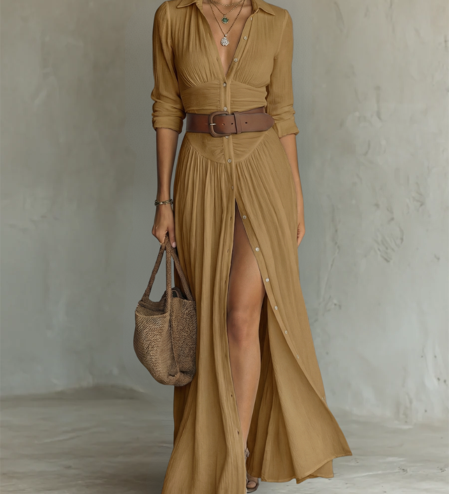 Vestido Maxí de Lino con Cuello de Solapa y Manga Larga