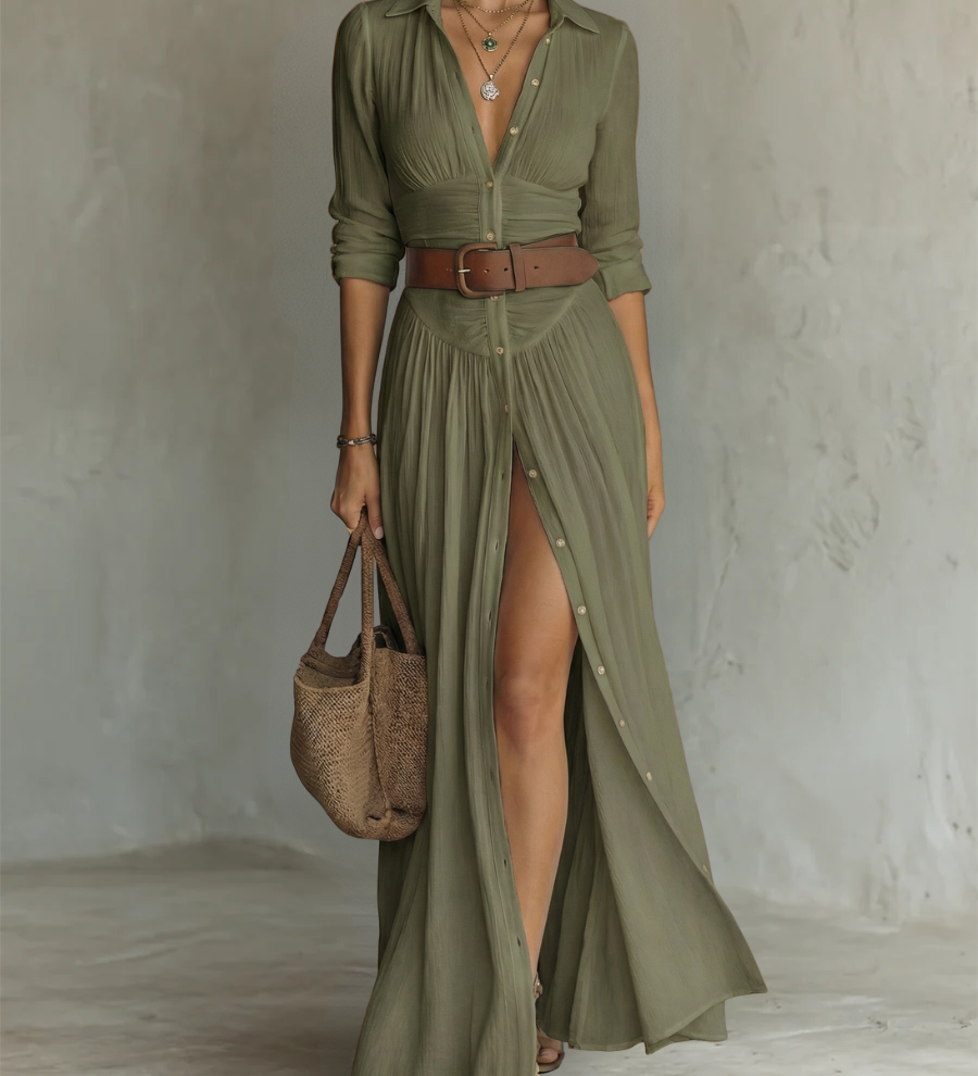 Vestido Maxí de Lino con Cuello de Solapa y Manga Larga