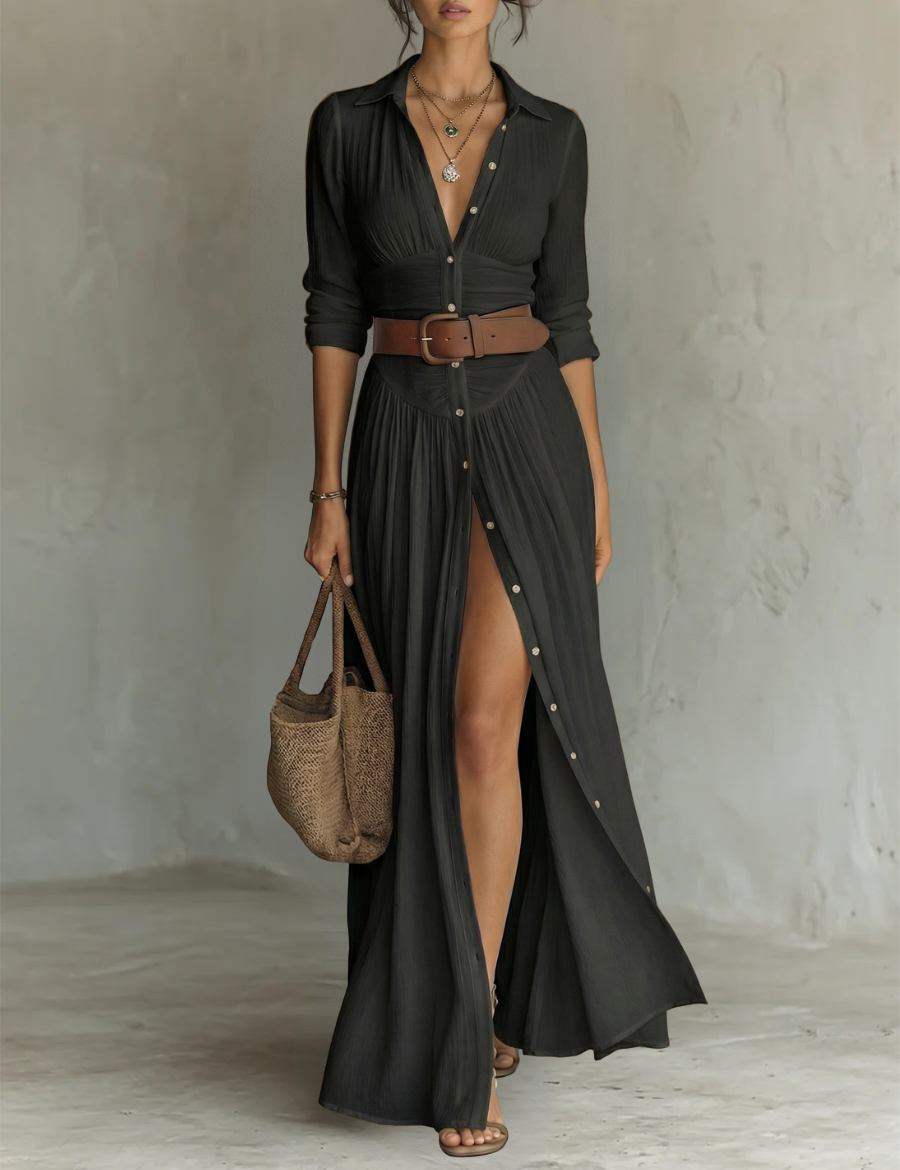 Vestido Maxí de Lino con Cuello de Solapa y Manga Larga