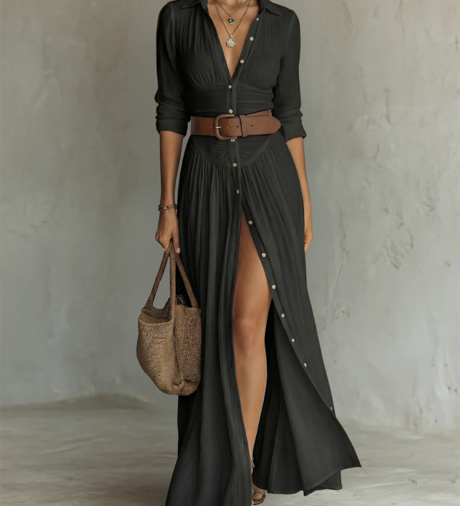 Vestido Maxí de Lino con Cuello de Solapa y Manga Larga
