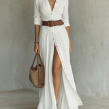 Vestido Maxí de Lino con Cuello de Solapa y Manga Larga