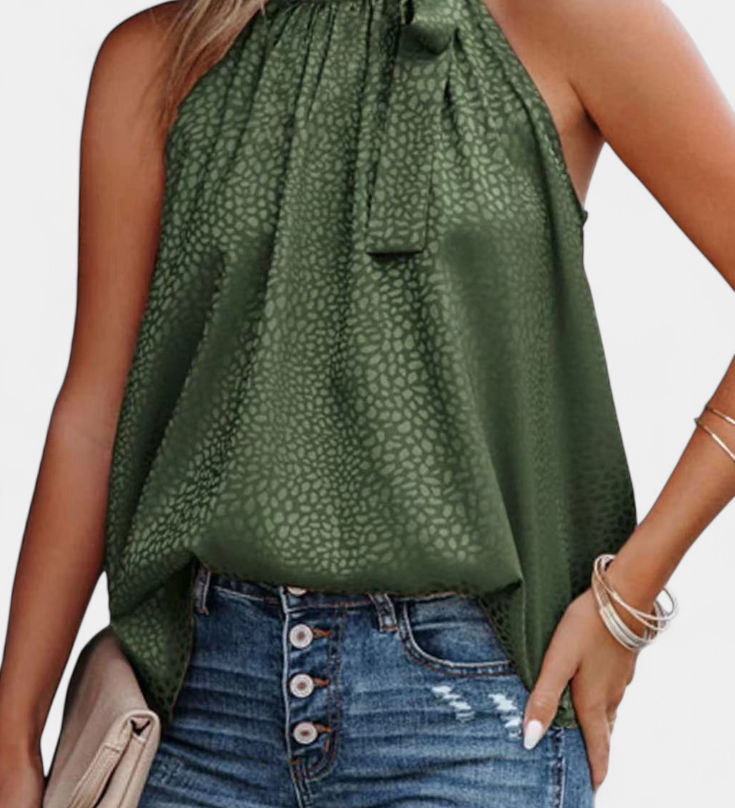 Adela Top sin Mangas de Leopardo con Cuello Alto y Lazo
