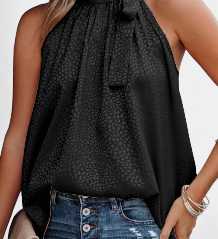 Adela Top sin Mangas de Leopardo con Cuello Alto y Lazo
