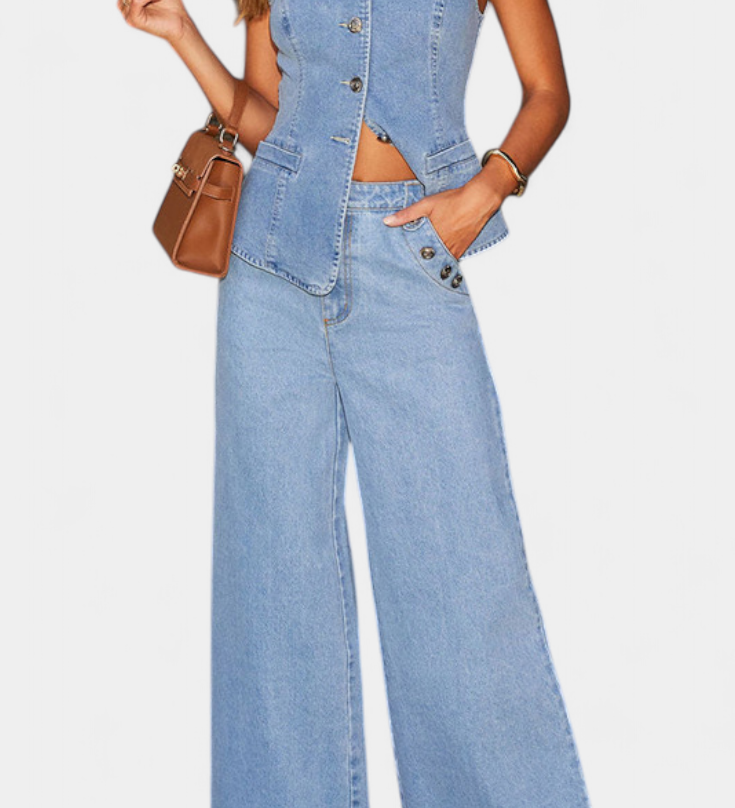 Ludovica Denim Set with Fitted Vest and Wide Leg Jeans