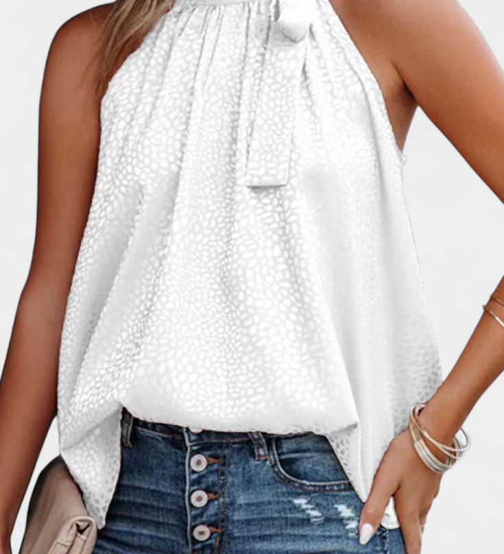 Adela Top sin Mangas de Leopardo con Cuello Alto y Lazo