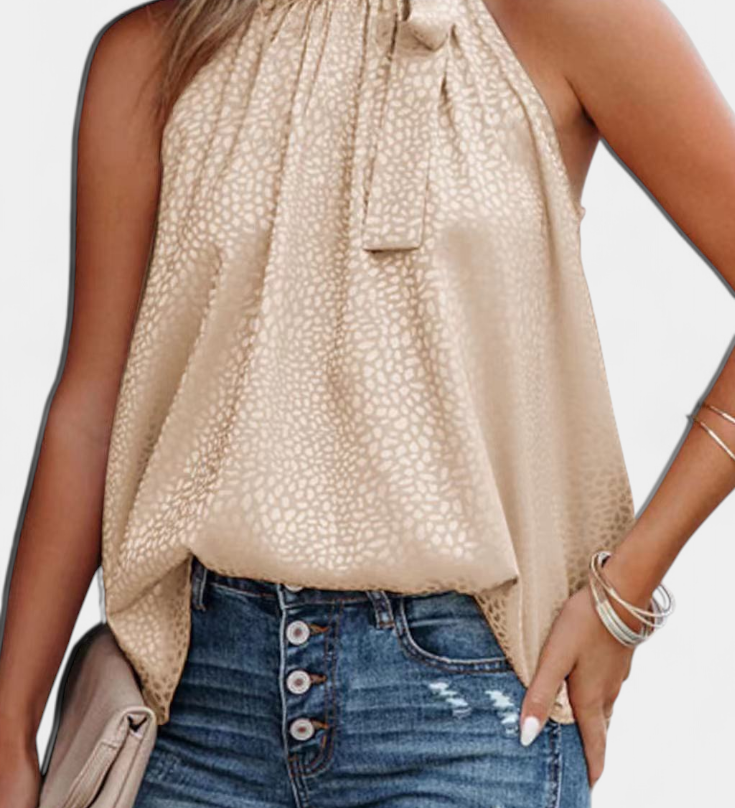 Adela Top sin Mangas de Leopardo con Cuello Alto y Lazo
