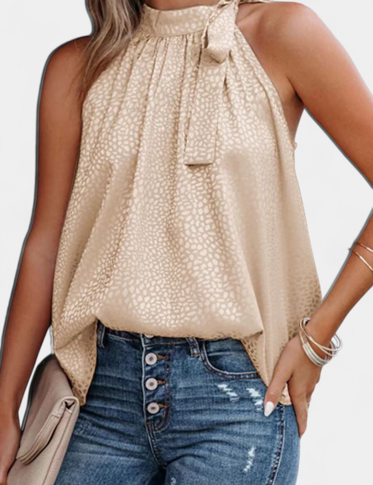 Adela Top sin Mangas de Leopardo con Cuello Alto y Lazo