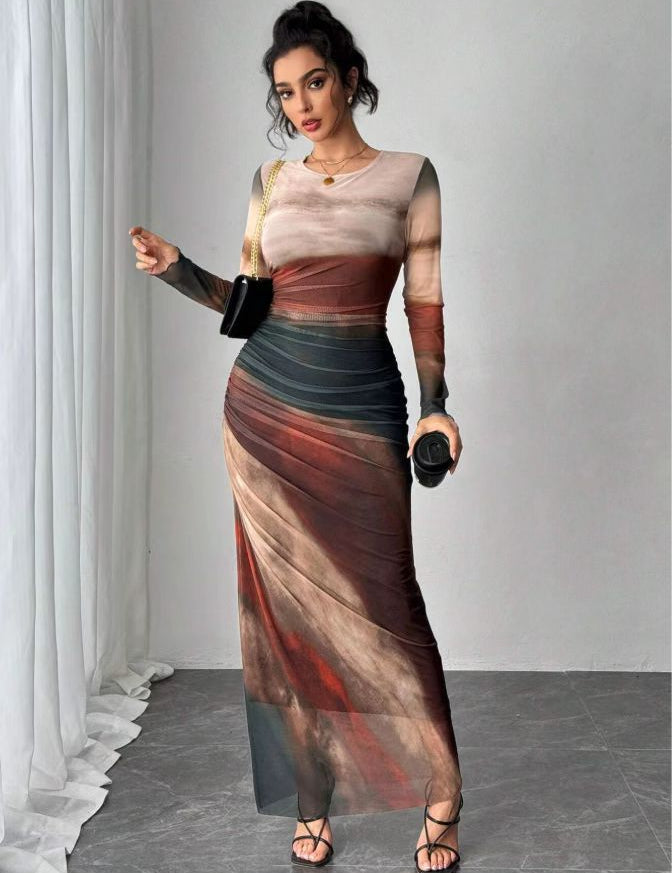 Natalia | Vestido Maxi Bodycon de Manga Larga Impreso y Cómodo