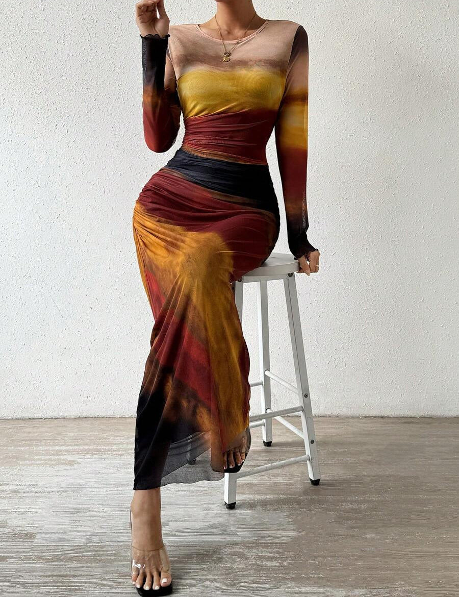 Natalia | Vestido Maxi Bodycon de Manga Larga Impreso y Cómodo