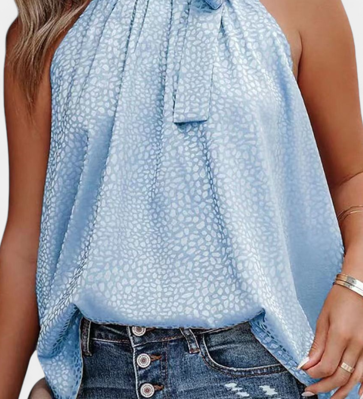 Adela Top sin Mangas de Leopardo con Cuello Alto y Lazo
