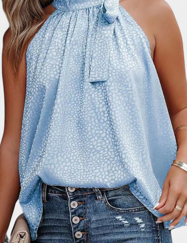Adela Top sin Mangas de Leopardo con Cuello Alto y Lazo