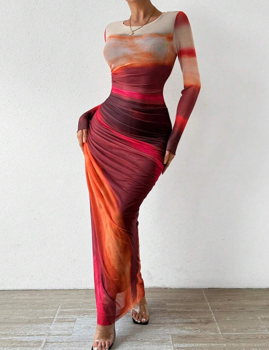 Natalia | Vestido Maxi Bodycon de Manga Larga Impreso y Cómodo