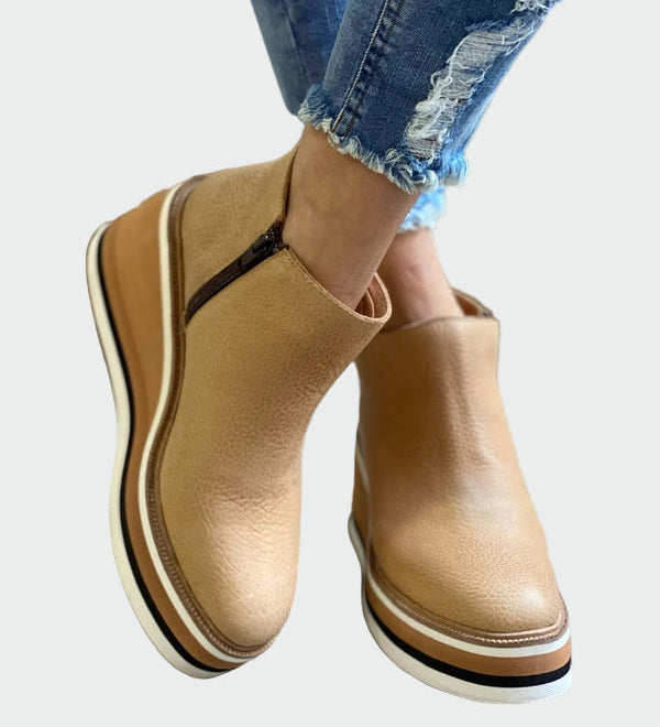 Celia - Elegant Camel Leather Platform Ankle Boots
