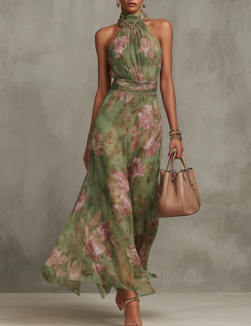 Lidia | Vestido Maxi Halter Floral Elegante