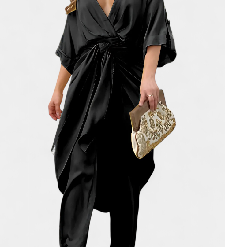 Mayleen Crossover Top with Front Tie and Straight Pants