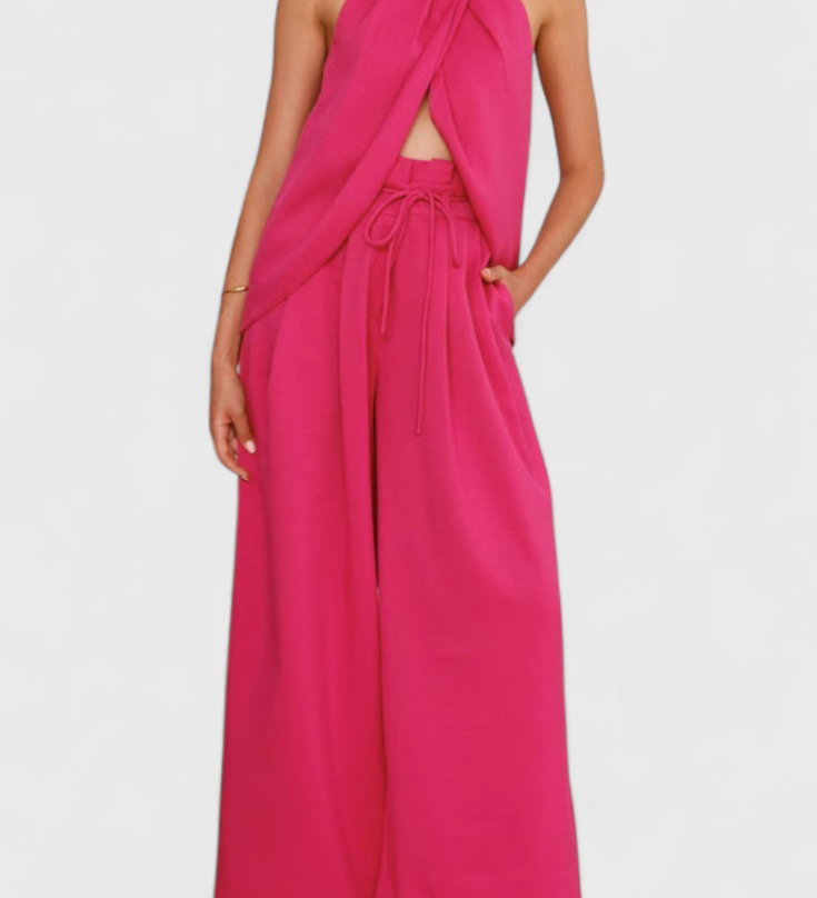 Bernadina Front Slit Top and Wide-Leg Pants Linen Set