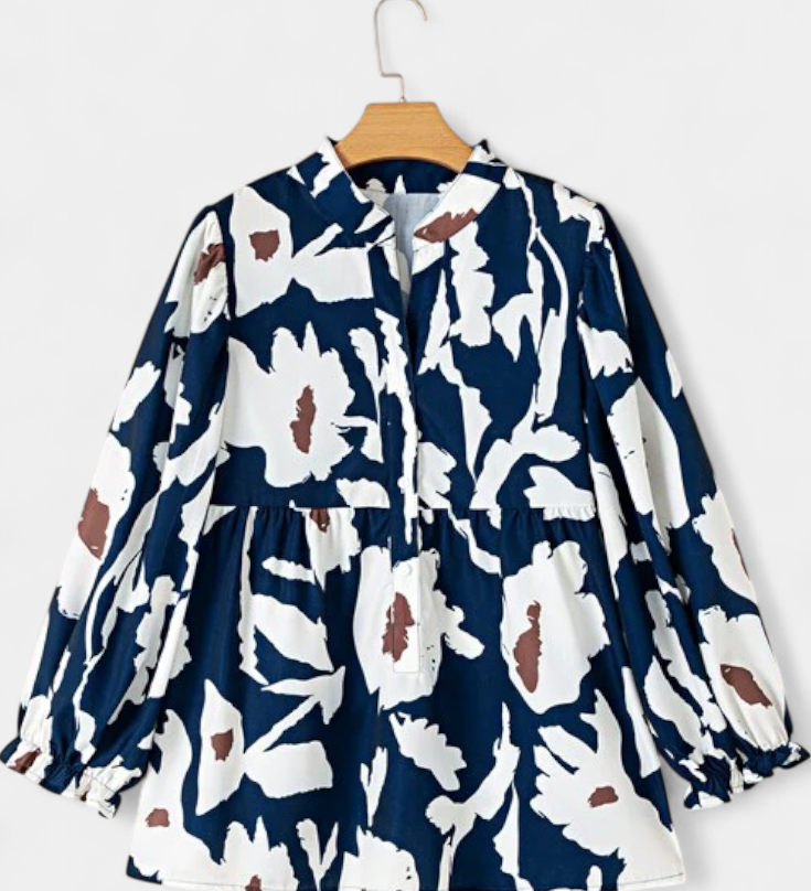 Filomena Blusa con Media Botonadura y Manga Abullonada en Estampado Floral Abstracto
