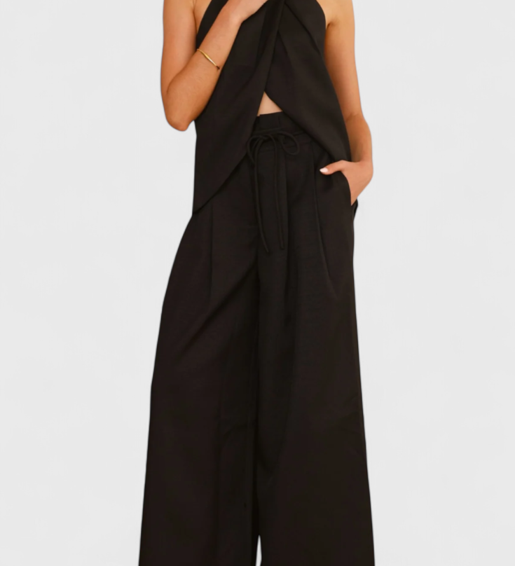 Bernadina Front Slit Top and Wide-Leg Pants Linen Set