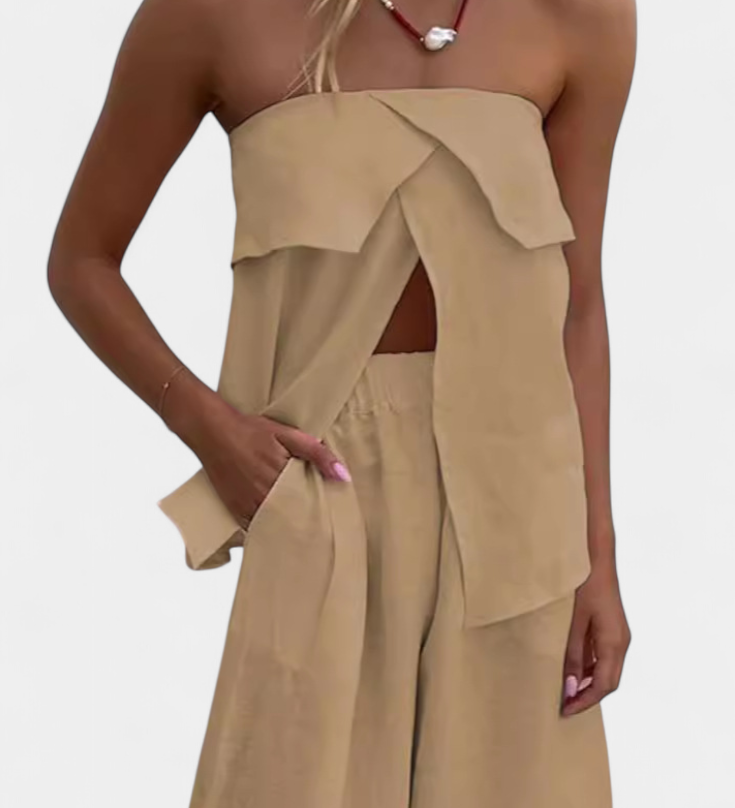 Oriana Strapless Set with Slit Skirt in Solid Color
