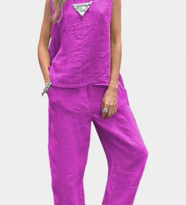 Leona Sleeveless Vest and Pants Set in Linen Cotton
