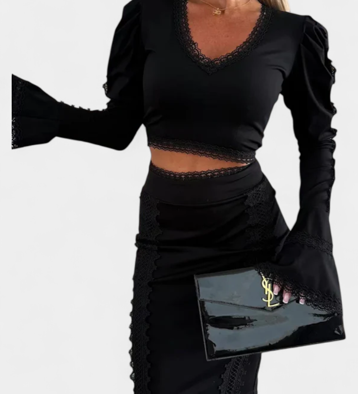 Minerva Elegant Lace-Detail Top and High-Waist Skirt Set