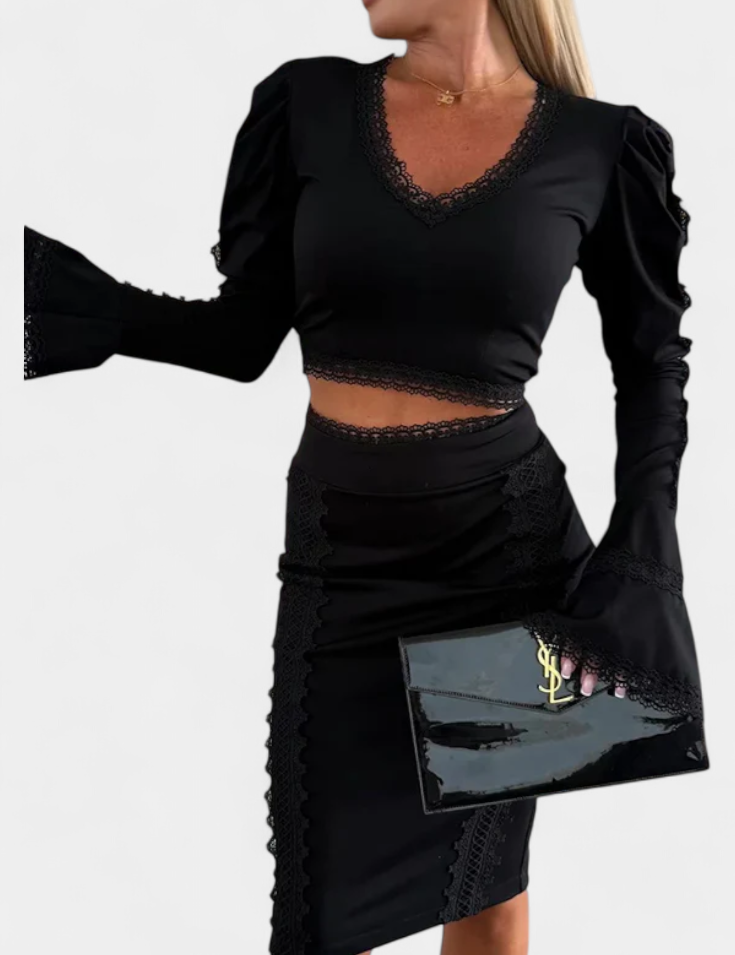 Minerva Conjunto Elegante de Top con Encaje y Falda de Cintura Alta