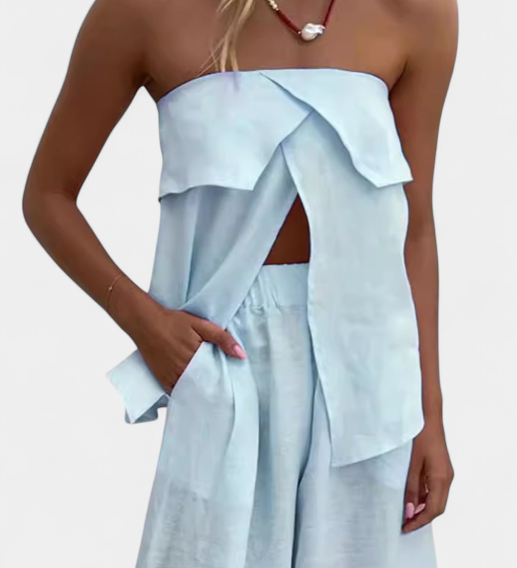 Oriana Strapless Set with Slit Skirt in Solid Color