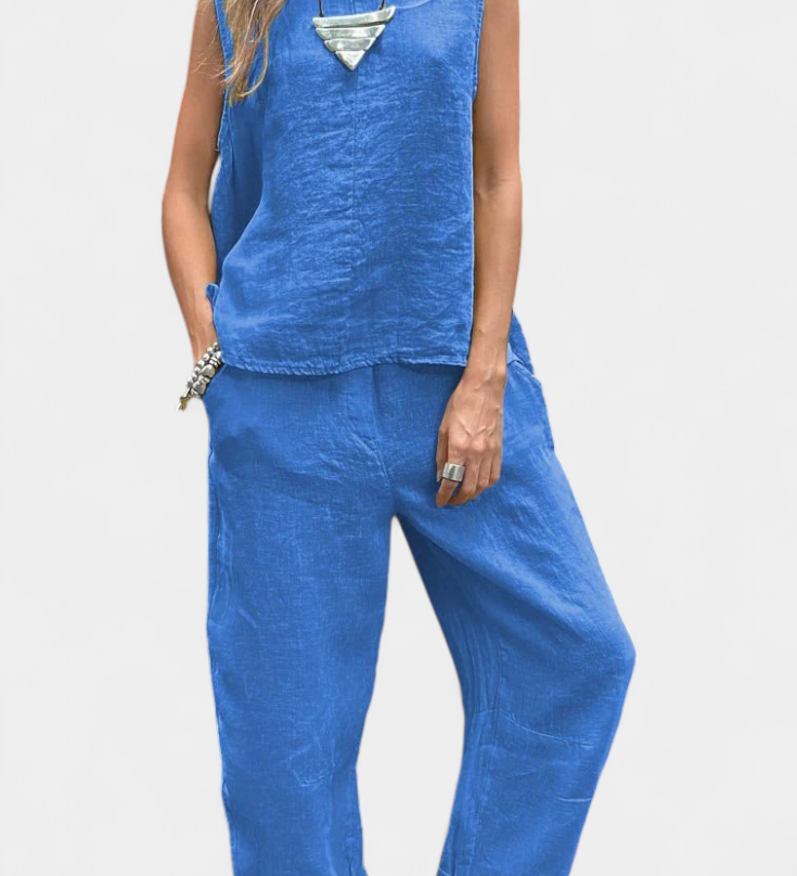Leona Sleeveless Vest and Pants Set in Linen Cotton