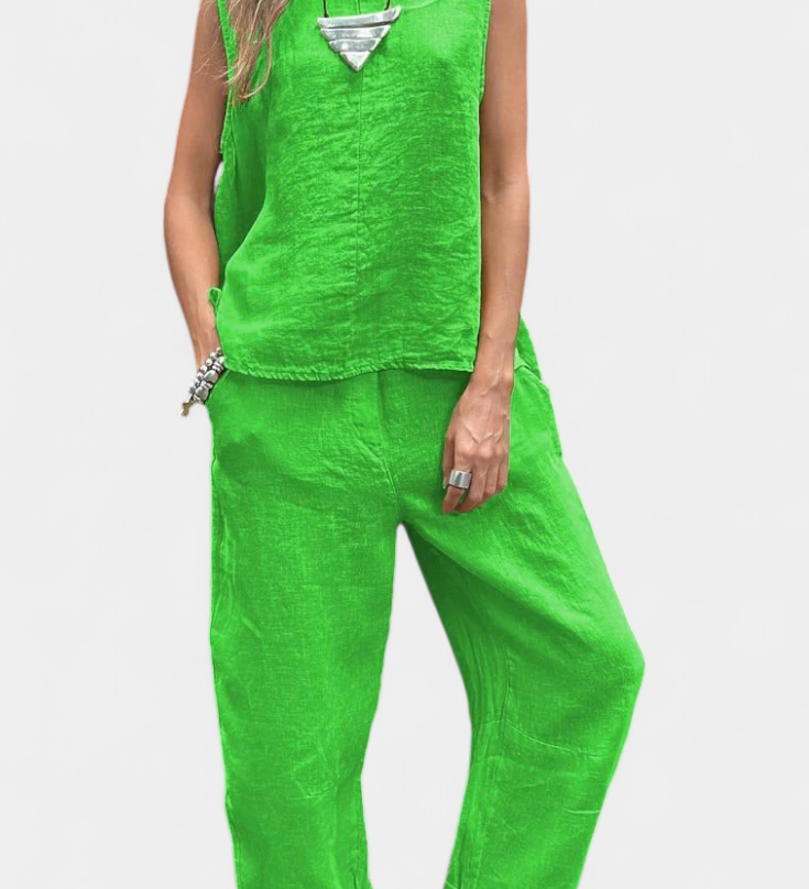 Leona Sleeveless Vest and Pants Set in Linen Cotton