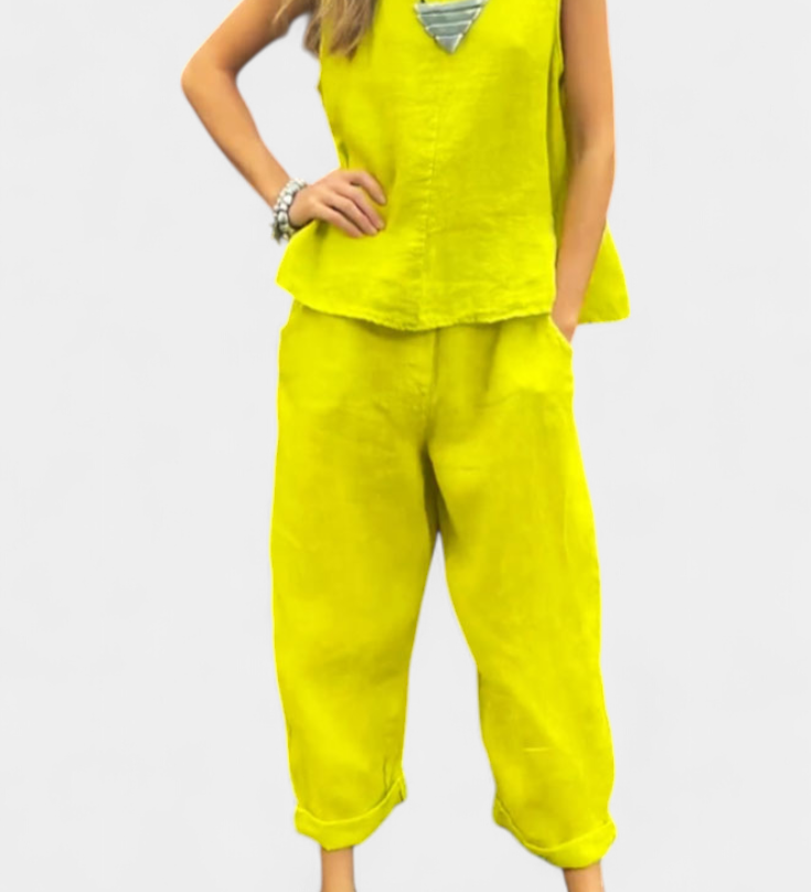 Leona Sleeveless Vest and Pants Set in Linen Cotton